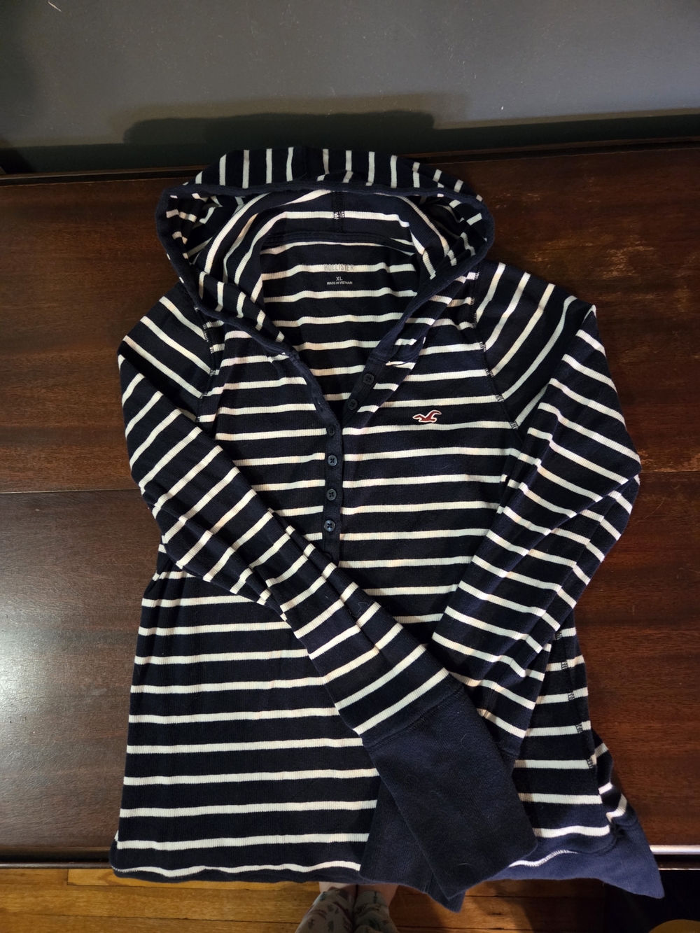 Hollister Navy & White Striped Hooded Henley Like New XL